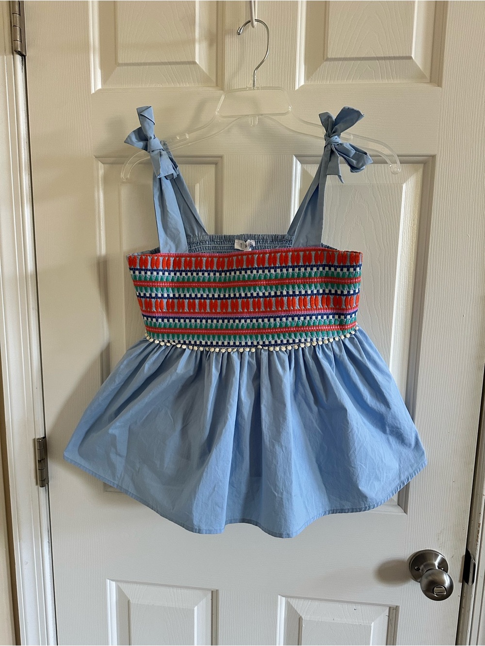 THML Women’s Striped Tie Shoulder Pom Pom Trim Babydoll Top Blue Festival Small